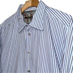 Ghirardelli Mens Size XL Light Blue Maroon Striped Long Sleeve Button Down Shirt